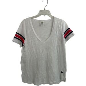 PINK Victoria's Secret T-Shirt Size M White Striped Sleeve V-Neck Women